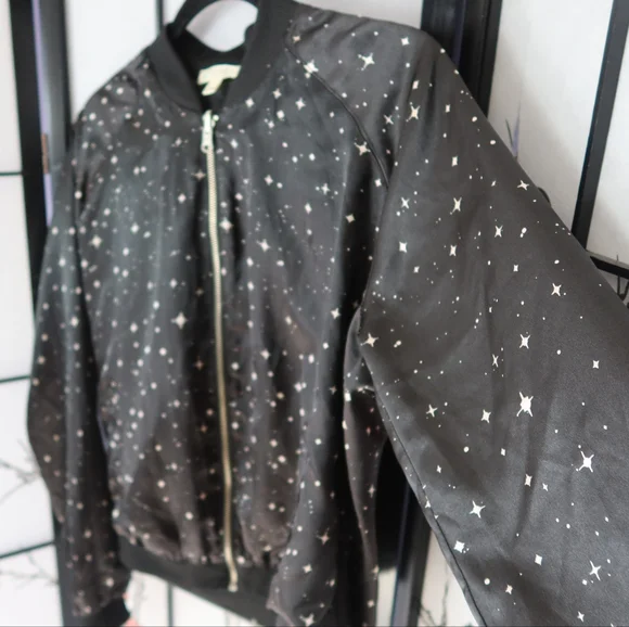 love, Fire Midnight Star Black Bomber Jacket Size Large - Picture 7 of 11